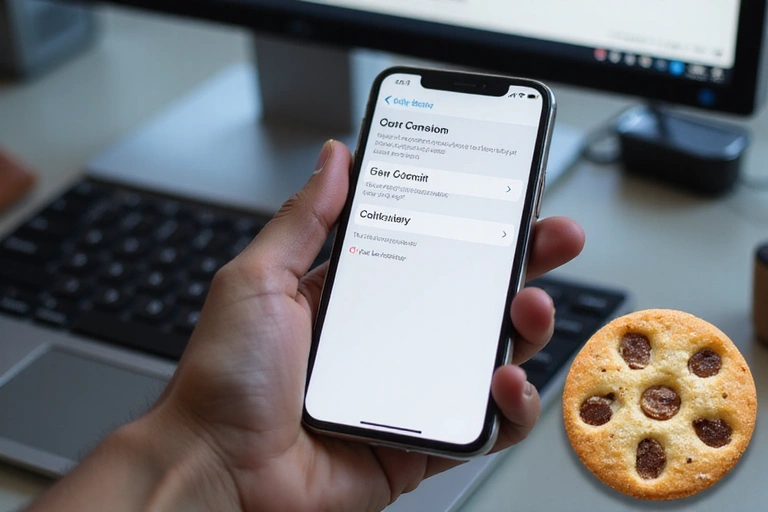 Eine Hand hält ein Smartphone mit Cookie-Einstellungen, im Hintergrund verschwommene Website-Elemente und ein Cookie-Symbol.