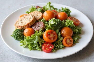 Bild eines Tellers mit farbenfrohem, gesundem Essen, das eine ausgewogene Ernährung symbolisiert.